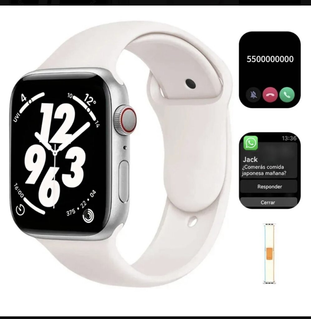 Smartwatch blanco con llamadas, mensajes y monitoreo de salud