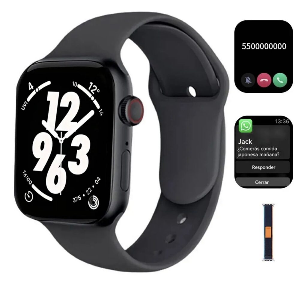 Smartwatch negro con llamadas, mensajes y monitoreo de salud