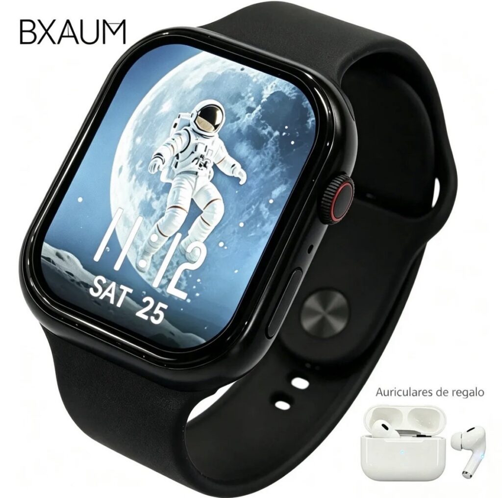 Smartwatch negro con audífonos inalámbricos de regalo