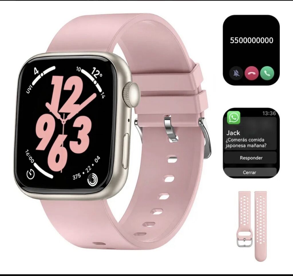 Smartwatch rosa con llamadas, mensajes y monitoreo de salud 2