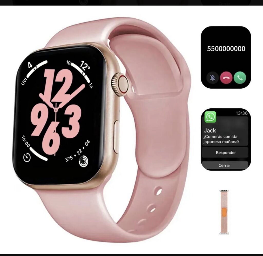 Smartwatch rosa con llamadas, mensajes y monitoreo de salud